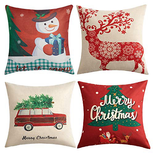 Anickal Christmas Holiday Decorations Christmas Cotton Linen Pillow Covers 18x18 with Christmas Truck Deer Snowman Santa Claus Pattern Xmas Gifts 